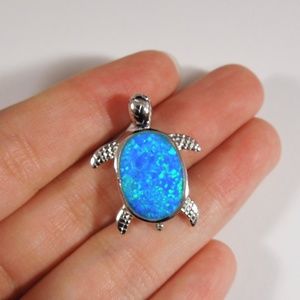 Blue Fire Opal Sterling Silver Turtle Pendant